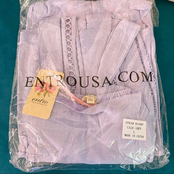 Entro | Layla Solid Smocked Cropped Jumpsuit Crochet Lilac Linen Purple Large - Picture 12 of 13